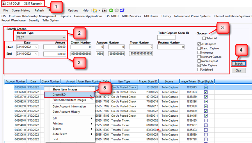 X937 Research Screen. Right-click on check item to create IRD. 