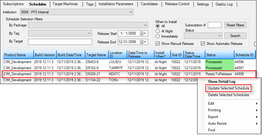 CIM GOLD > Other Applications > GOLD Deploy Management Screen, Schedules Tab
