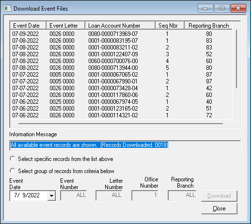 Download Event Files Screen