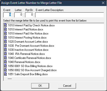 Assign Event Letter Number to Merge Letter File Screen