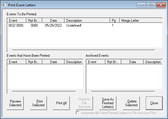 Print Event Letters Screen