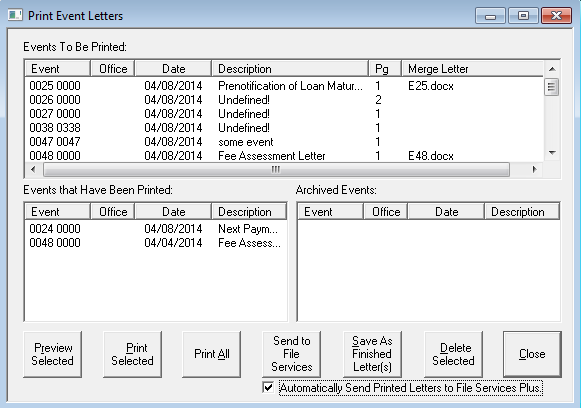 Print Event Letters Screen