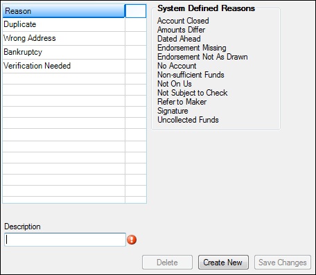 GOLD Services > Gold Exception Manager > Administrative > Charge Back Reasons Screen