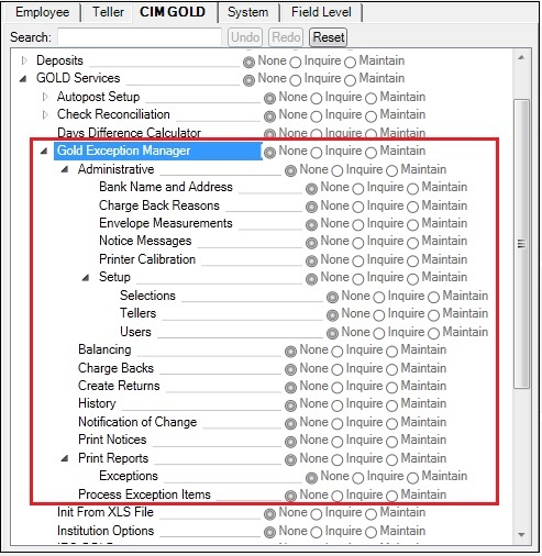 Security > Setup Screen, CIM GOLD Tab