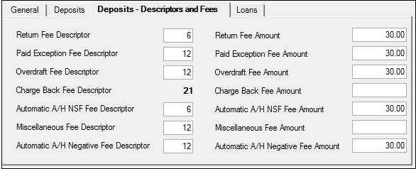 GOLD Services > Institution Options Screen, GOLD ExceptionManager Tab,  Deposits - Descriptors and Fees Tab