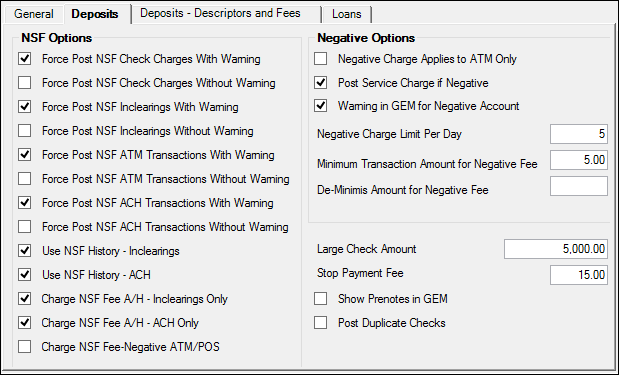 GOLD Services > Institution Options Screen, GOLD ExceptionManager Tab, Deposits Tab