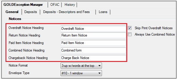 GOLD Services > Institution Options Screen > GOLDException Manager Tab, General Tab