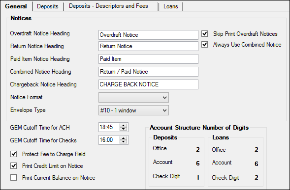 GOLD Services > Institution Options Screen, GOLD ExceptionManager Tab, General Tab