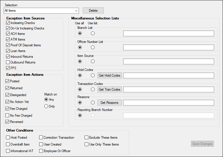 GOLD Services > GOLD ExceptionManager > Administrative > Setup > Selections Screen