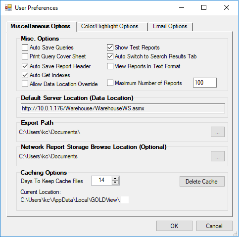 GOLDView Screen > User Preferences Dialog